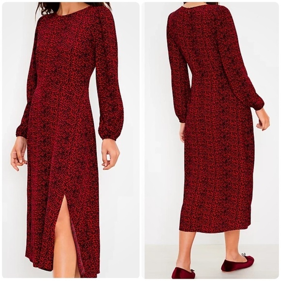 LOFT Dresses & Skirts - LOFT Animal Print Slit Midi Maxi Dress Long Sleeves Tango Red Holiday size 4 NEW